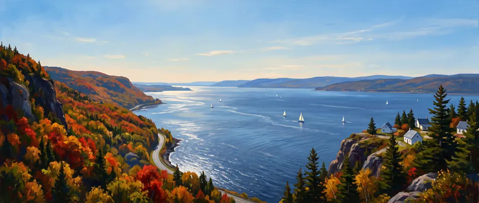 Illustration : un large fleuve vu du haut d’une falaise en automne, pentes boisées rouges et dorées à gauche, voiliers sur l’eau bleue, rive lointaine en collines bleues.