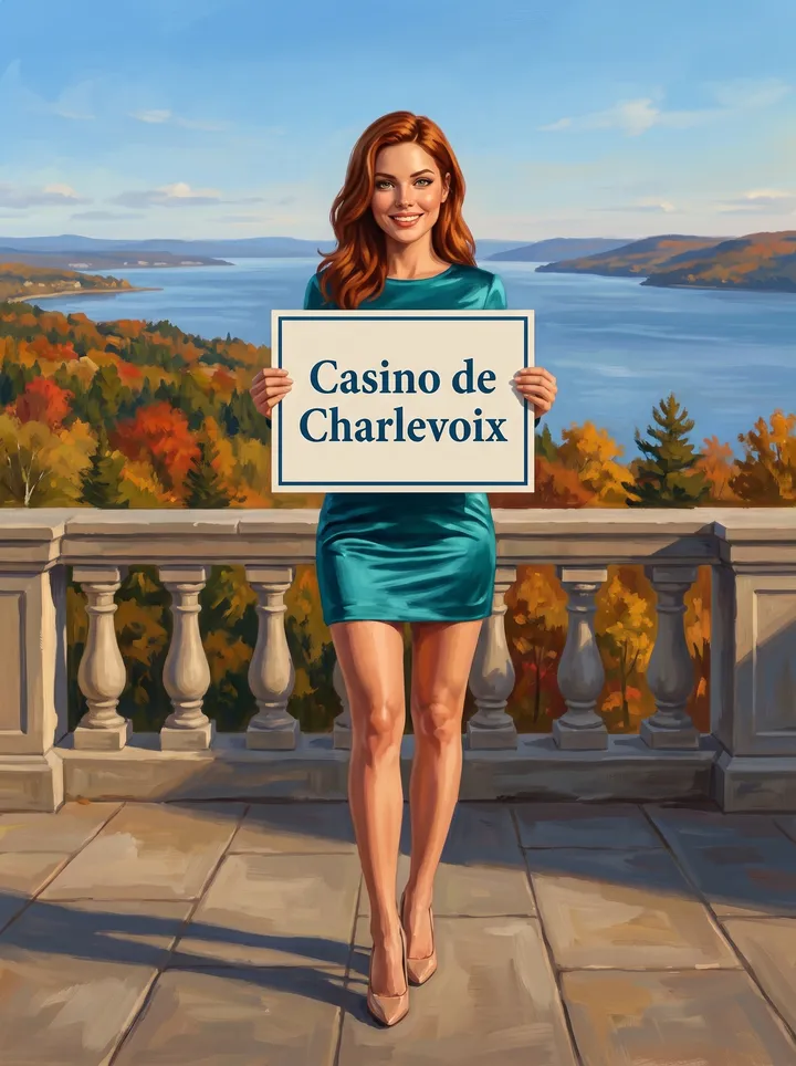 Illustration : la même jeune femme sur une terrasse de pierre au-dessus du fleuve en automne; elle tient une pancarte où l’on lit « Casino de Charlevoix ».